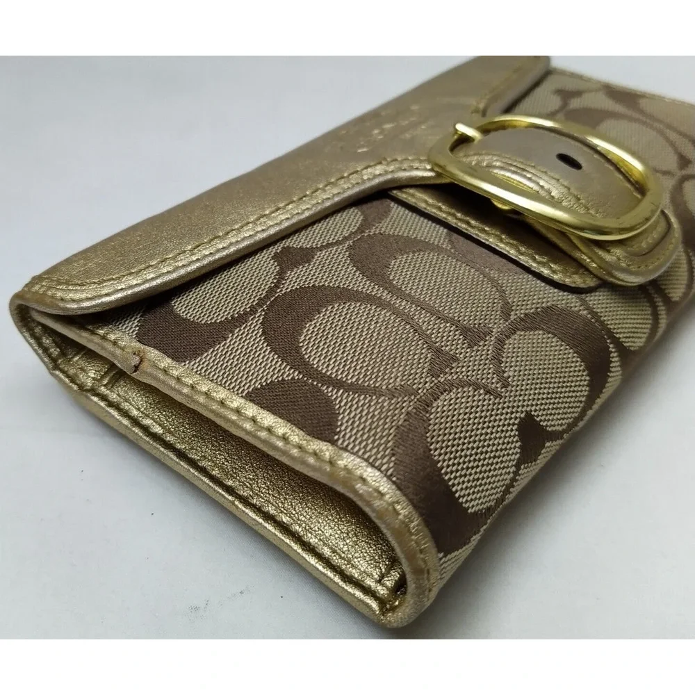 Coach Bleecker Signature Brown Canvas Gold Leather Buckle Trifold Wallet